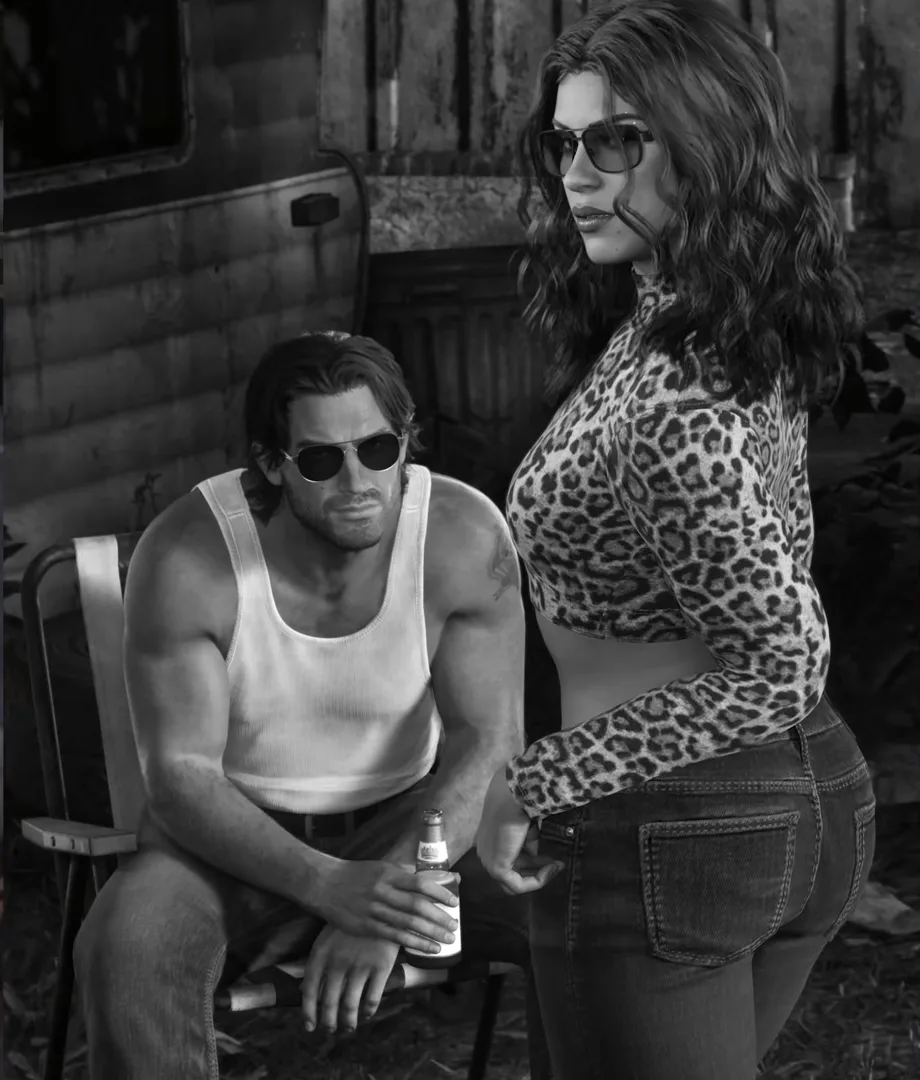 Black-and-white GTA 6 screenshot of Jason in sunglasses and a tank top seated and Lucia in a leopard print top standing