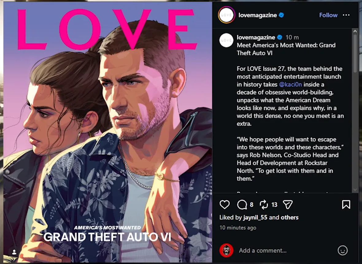 LOVE magazine issue 27 cover art of Jason and Lucia titled America’s Most Wanted: Grand Theft Auto VI next to LOVE’s Instagram post about GTA 6