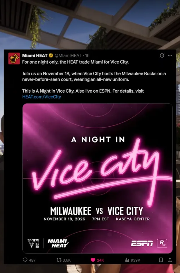 Miami Heat poster reading A Night in Vice City, Milwaukee vs Vice City, November 18, 2026, 7PM EST, Kaseya Center, with the ESPN logo for the GTA 6 collab