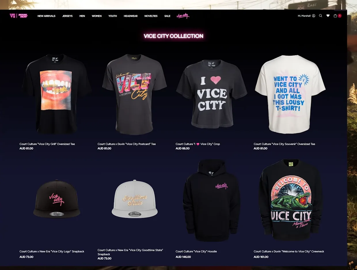Miami Heat Vice City Collection store page with a grid of Vice City themed t-shirts, caps and a hoodie for GTA 6