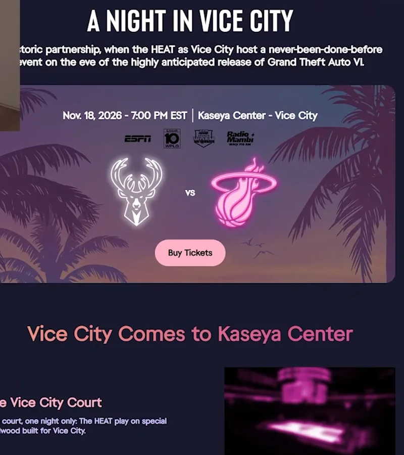 Miami Heat website section A Night in Vice City showing Nov 18 2026 7:00 PM EST, Kaseya Center, Bucks and Heat logos and the heading The Vice City Court for GTA 6
