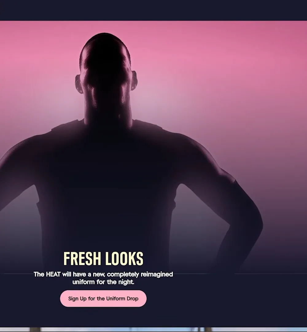 Miami Heat site teaser with a dark silhouette under Fresh Looks, text on a reimagined uniform for the night and a Sign Up for the Uniform Drop button for the GTA 6 night