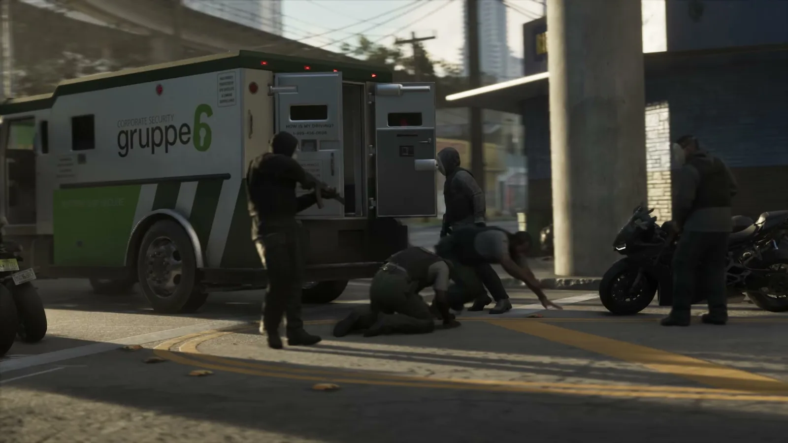 Masked robbers holding up a Gruppe 6 armored security truck under a GTA 6 overpass, two motorcycles parked beside it