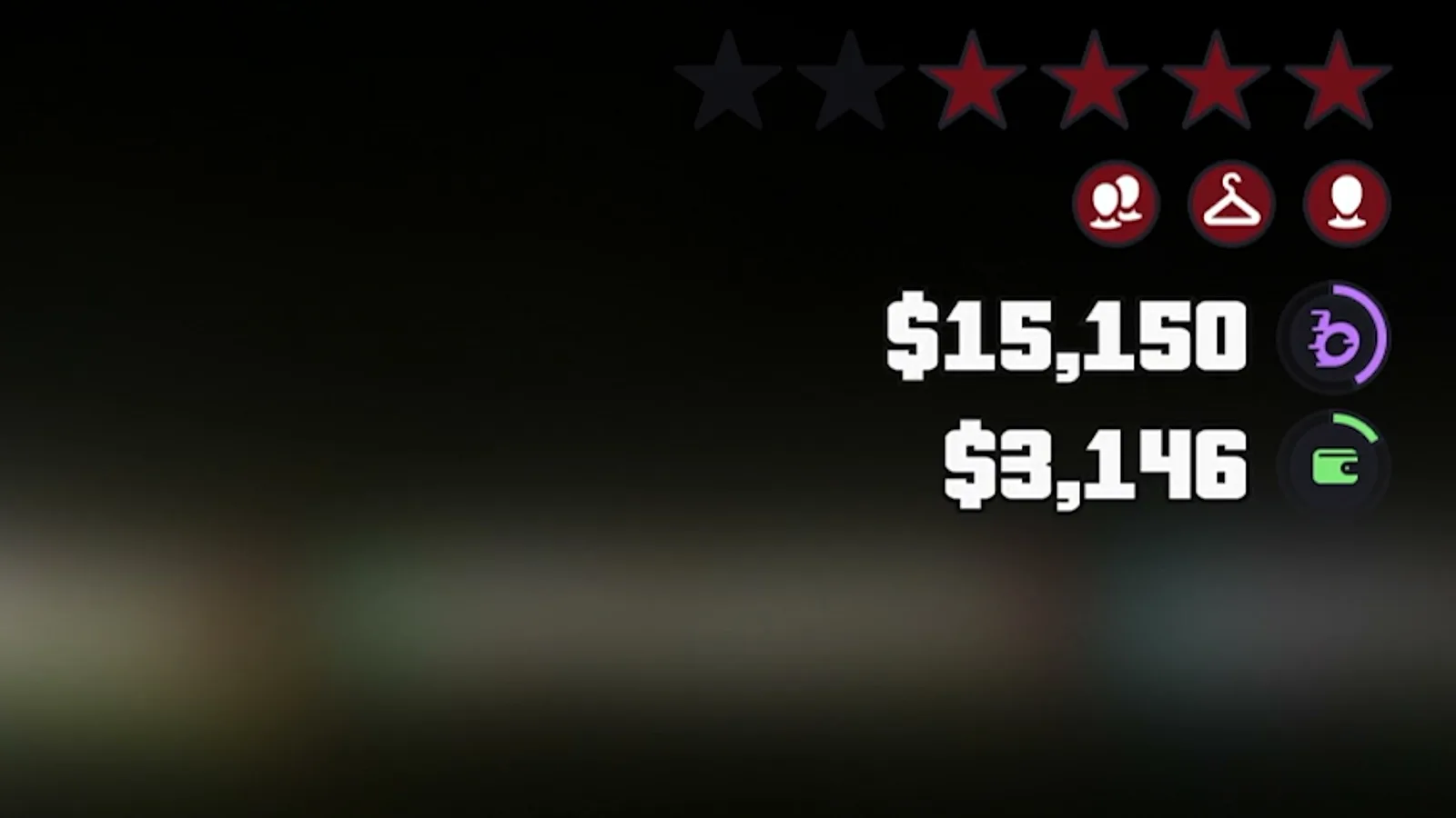 GTA 6 HUD showing a $15,150 bank account balance in purple and a $3,146 cash balance in green, next to a wanted star rating
