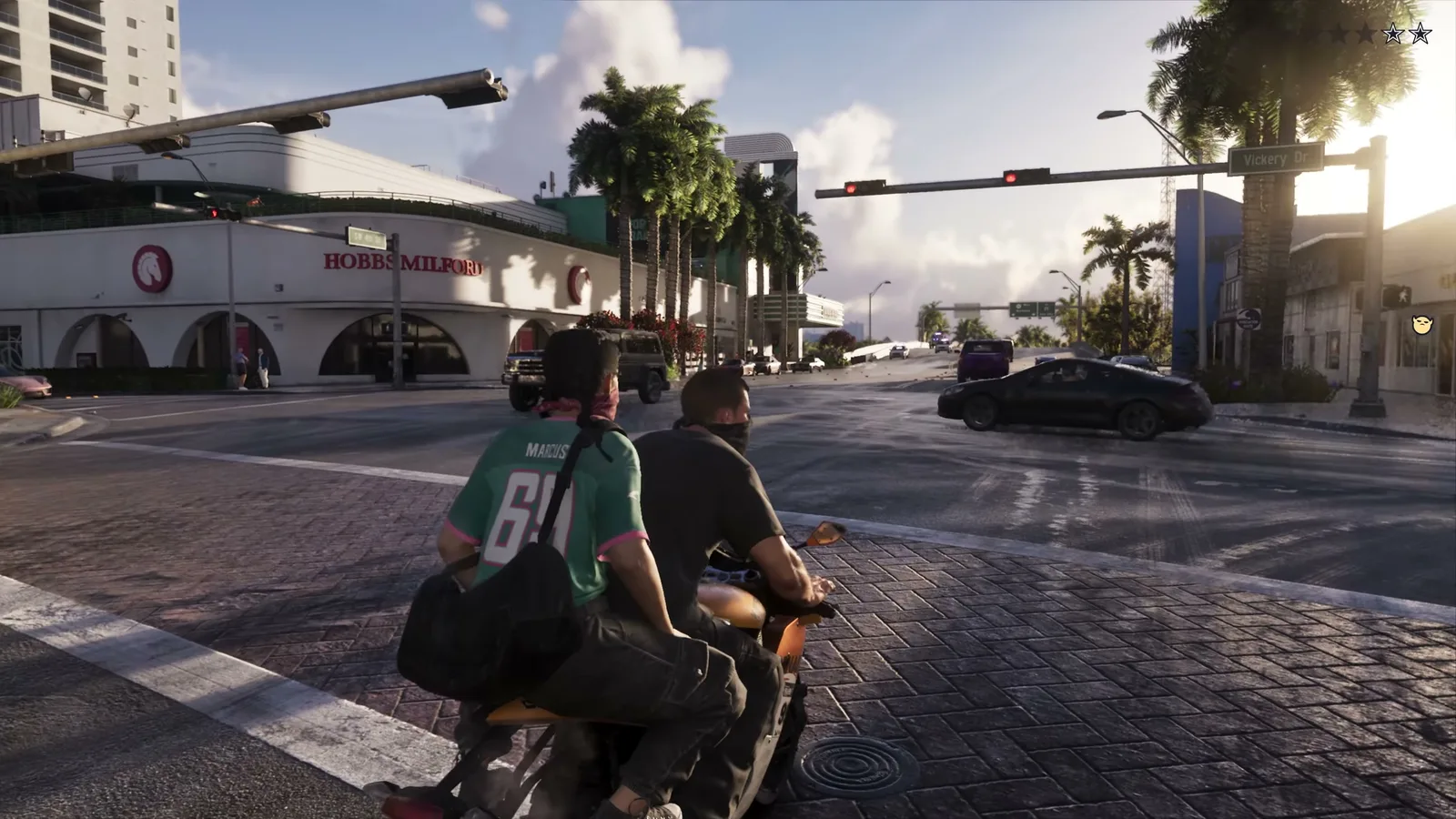 Two GTA 6 robbers riding a motorcycle through a Vice City intersection, a black duffel bag of stolen loot on the passenger's back