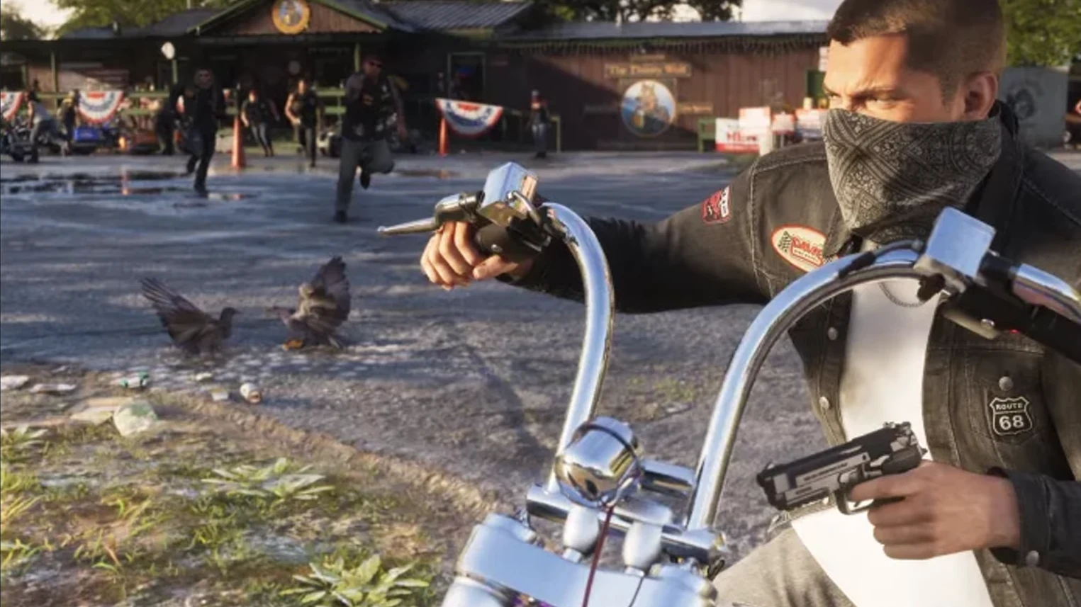Masked rider on a chrome chopper aiming a pistol as bikers run toward a bar with a sign reading The Thirsty Wolf in GTA 6