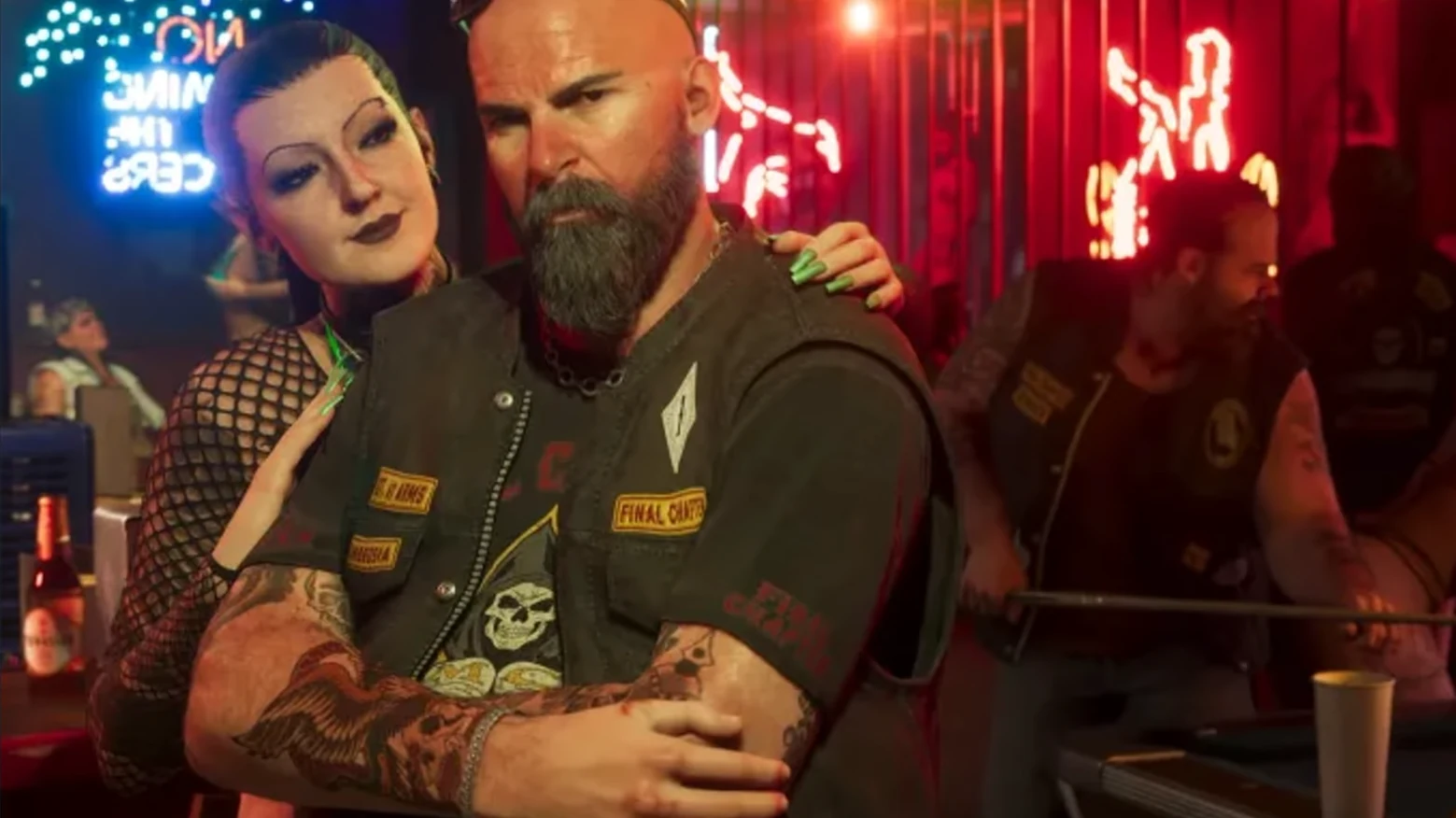 Bald bearded biker in a vest with a FINAL CHAPTER patch beside a woman in fishnet under neon signs, with a pool player behind in GTA 6