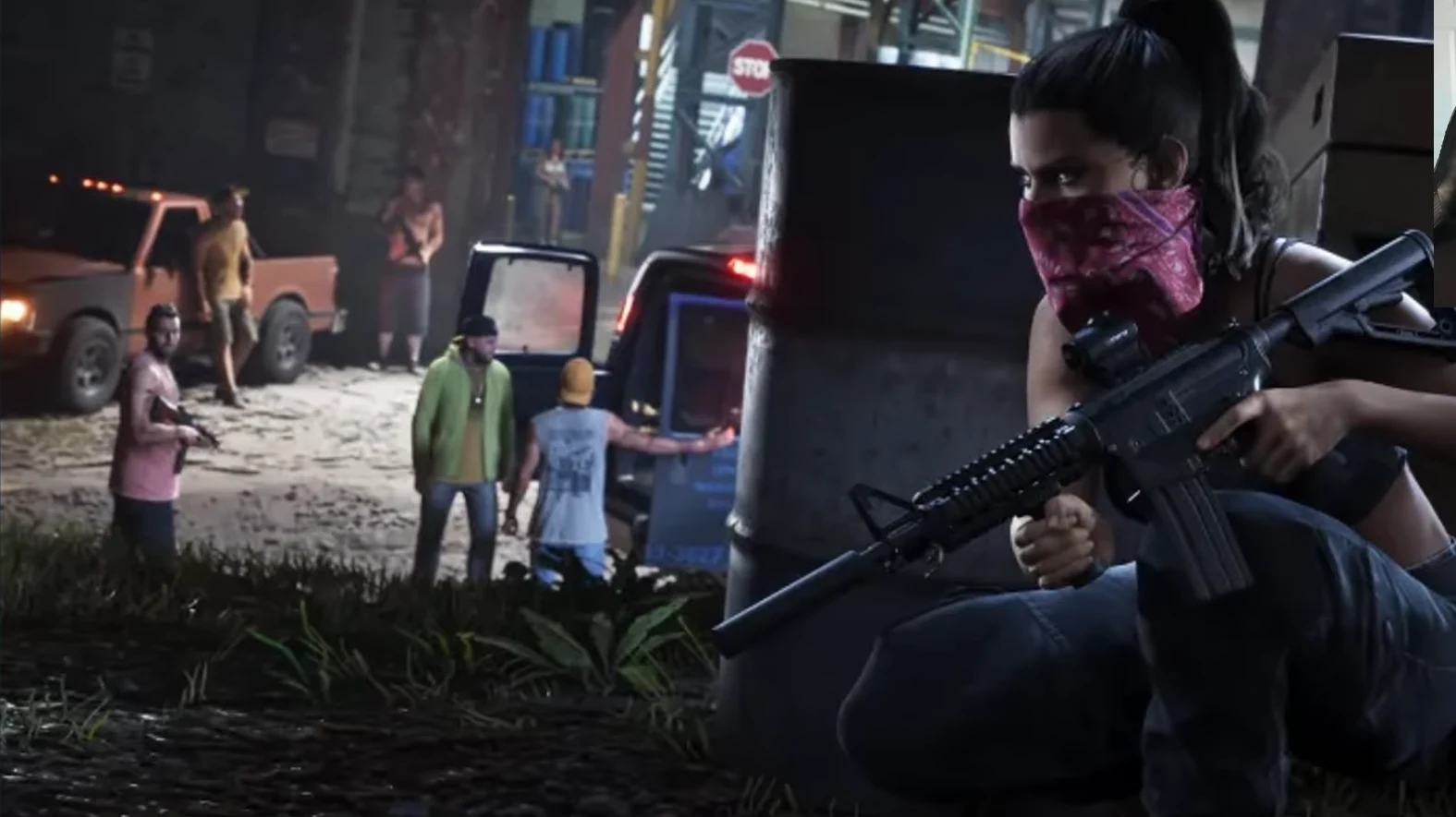 Woman in a bandana crouching behind a barrel with a suppressed rifle with an optic while armed men stand by pickups in a night yard in GTA 6