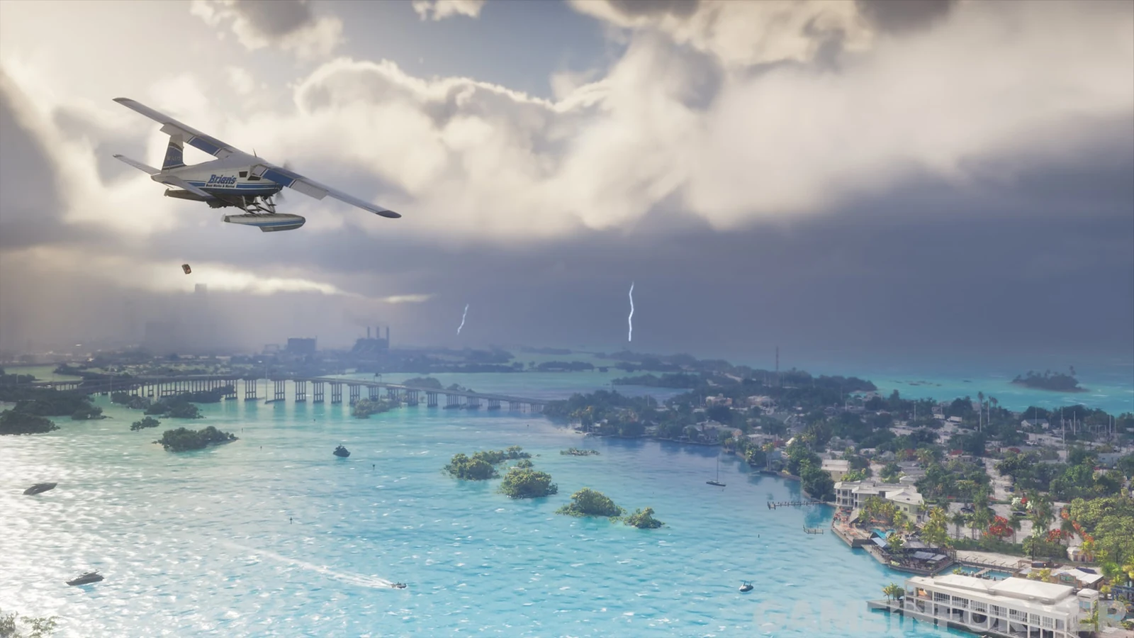 Seaplane lettered Brian’s Boat Works and Marina dropping a package ahead of a storm front with two lightning bolts over turquoise water and a long bridge in GTA 6