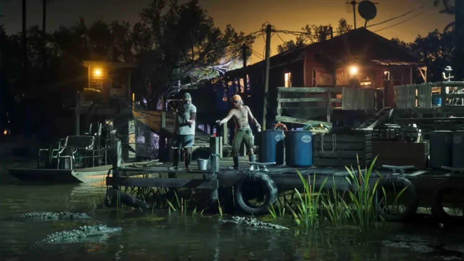 Stilt camp shack on a swamp at night with two men on a dock, a moored airboat, barrels and tires, and alligators in the water in GTA 6