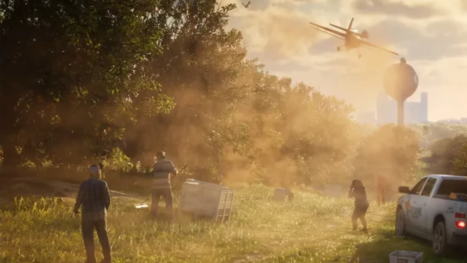 Crop-dusting biplane flying over a grove in golden dust, with workers among the trees and a pickup lettered TUCKERS in GTA 6