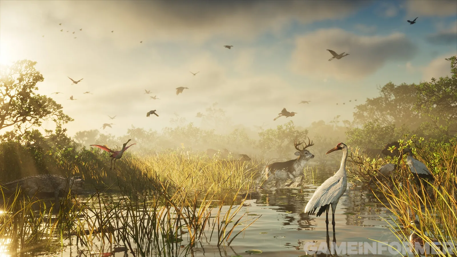 Wetland at golden hour with a wading antlered deer, a white crane, a pink spoonbill in flight and a reptile on the bank in GTA 6