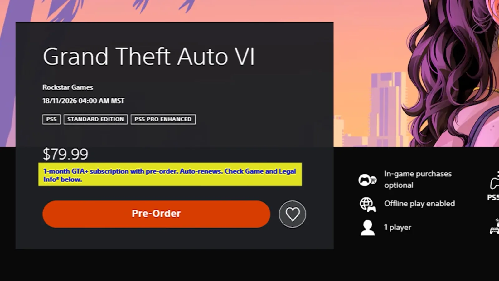 PlayStation Store page for GTA 6 Standard Edition at $79.99 with a highlighted 1-month GTA+ pre-order line and 1 player