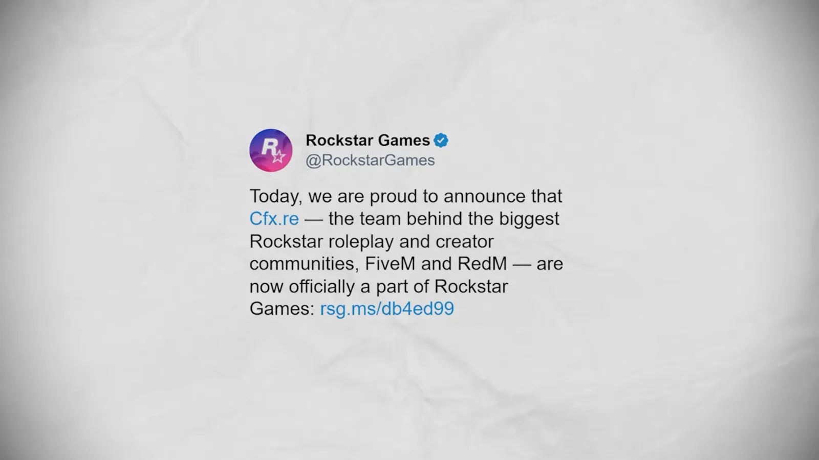 Rockstar Games post announcing that Cfx.re, the team behind FiveM and RedM, is now officially part of Rockstar Games