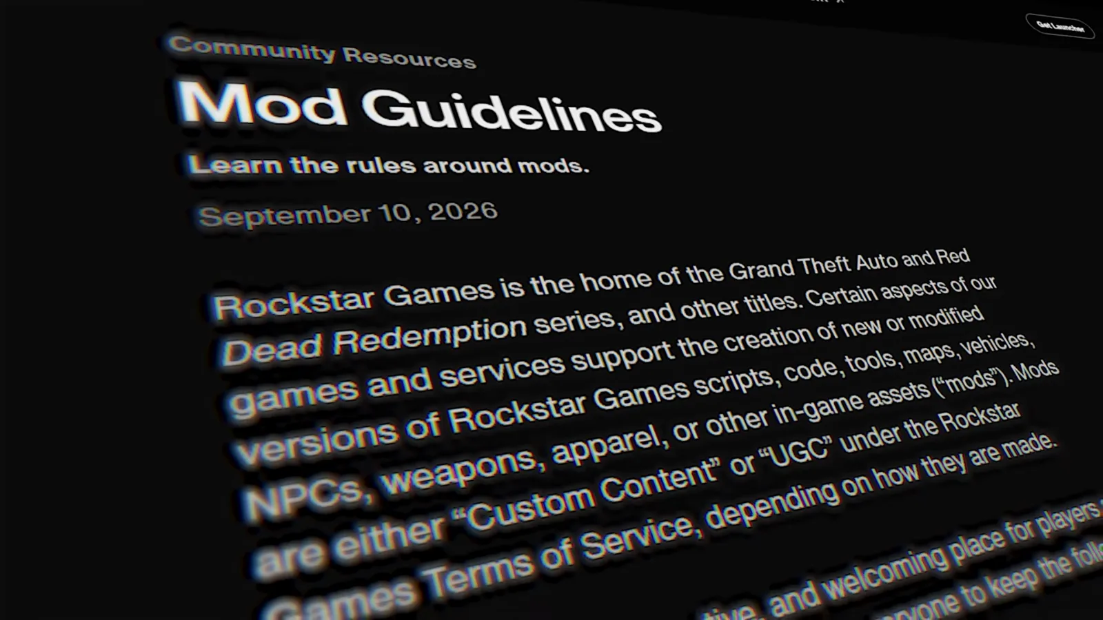 Rockstar Mod Guidelines page dated September 10, 2026 defining mods as Custom Content or UGC