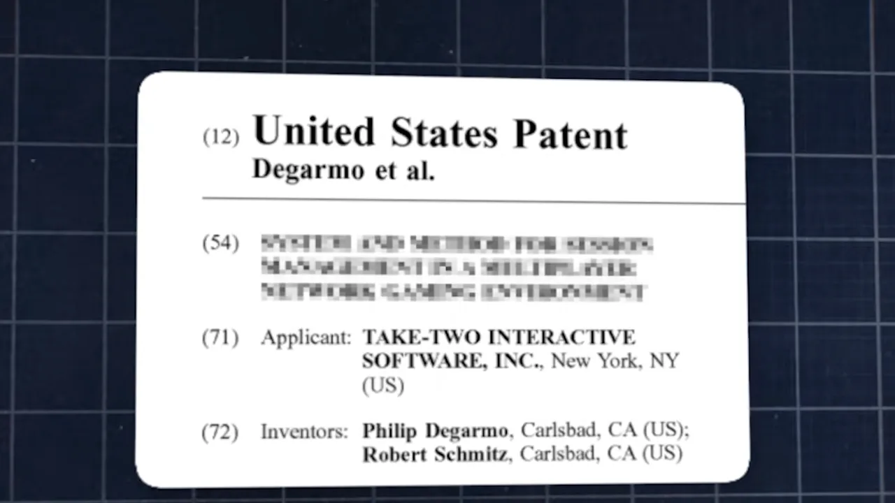 US patent card listing Take-Two Interactive Software as applicant and inventors Philip Degarmo and Robert Schmitz of Carlsbad