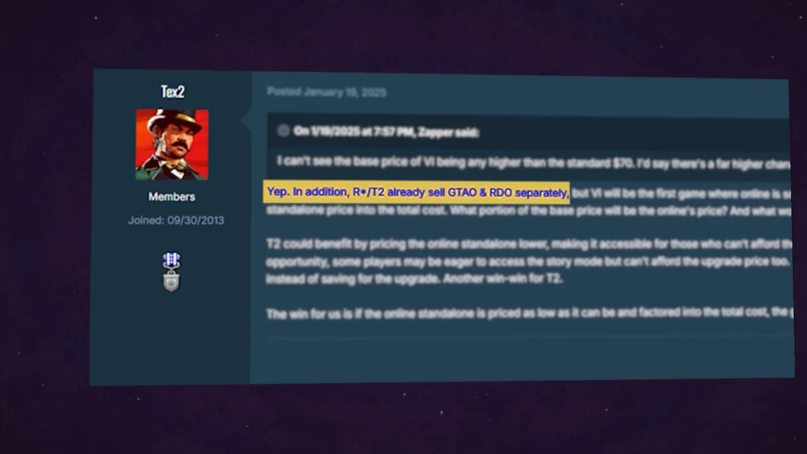 Forum post by Tez2 about GTA 6 online pricing, highlighting R*/T2 already sell GTAO and RDO separately, with a Red Dead avatar