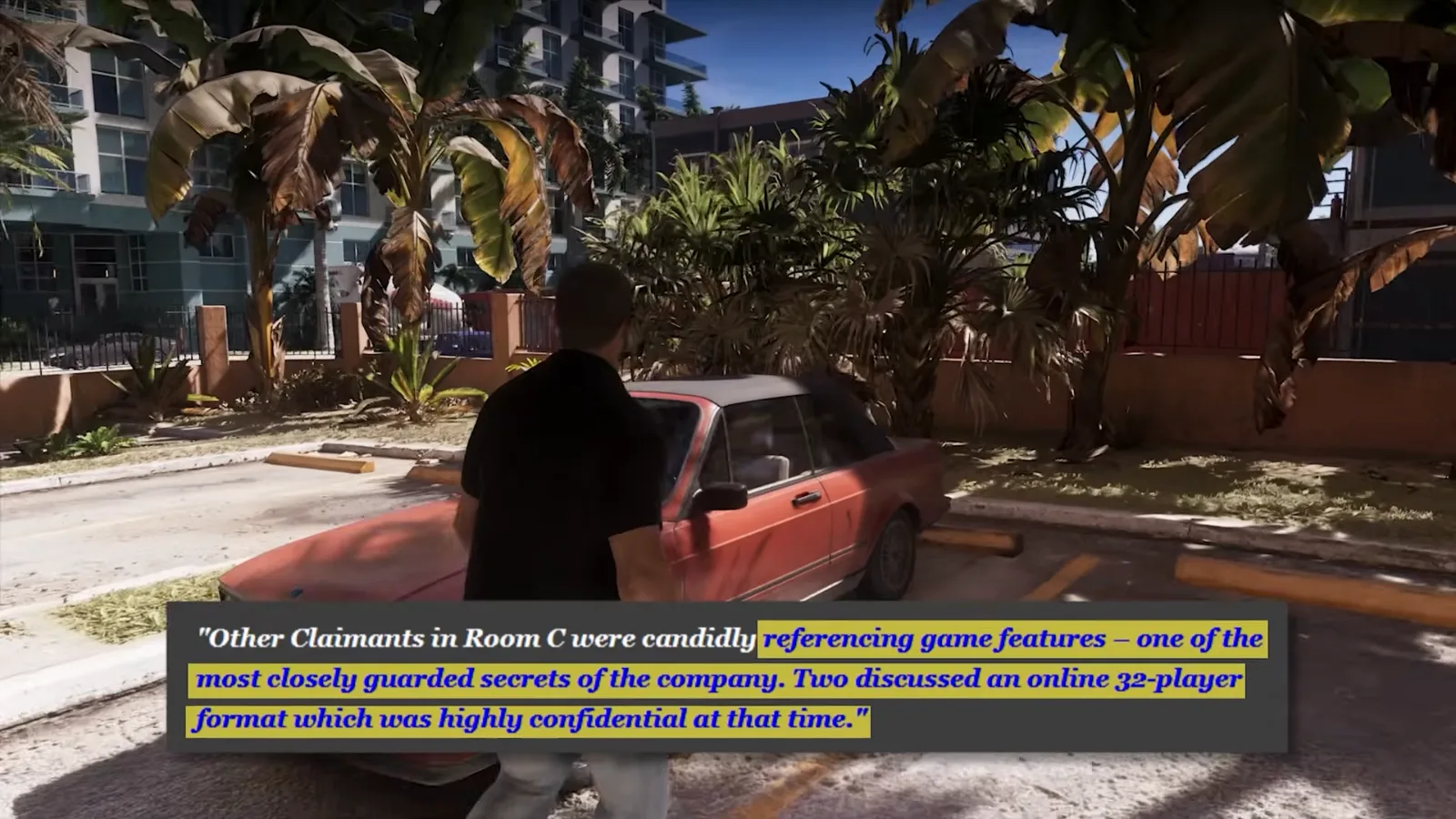 Tribunal excerpt highlighted over a Vice City street where two claimants discussed an online 32-player format