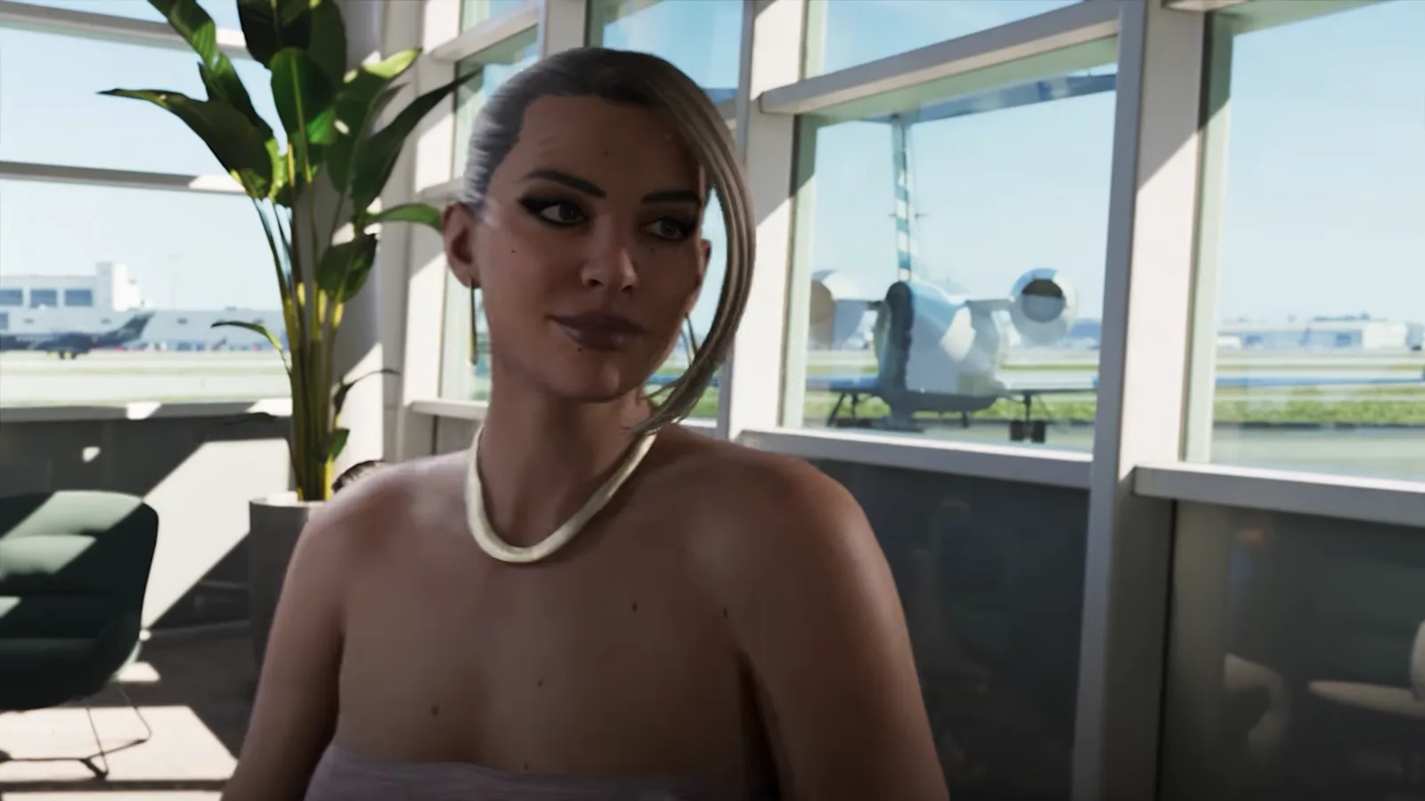 Valentina in a strapless dress and pearl necklace in an airport lounge, private jet outside, in GTA 6 footage