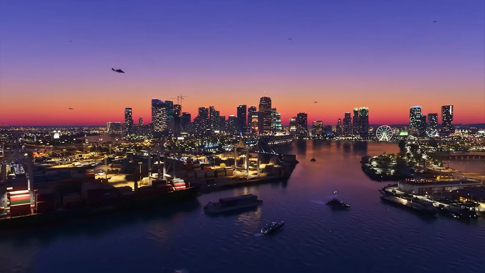 Vice City skyline at sunset over the port, cargo ships and a Ferris wheel, in GTA 6 footage