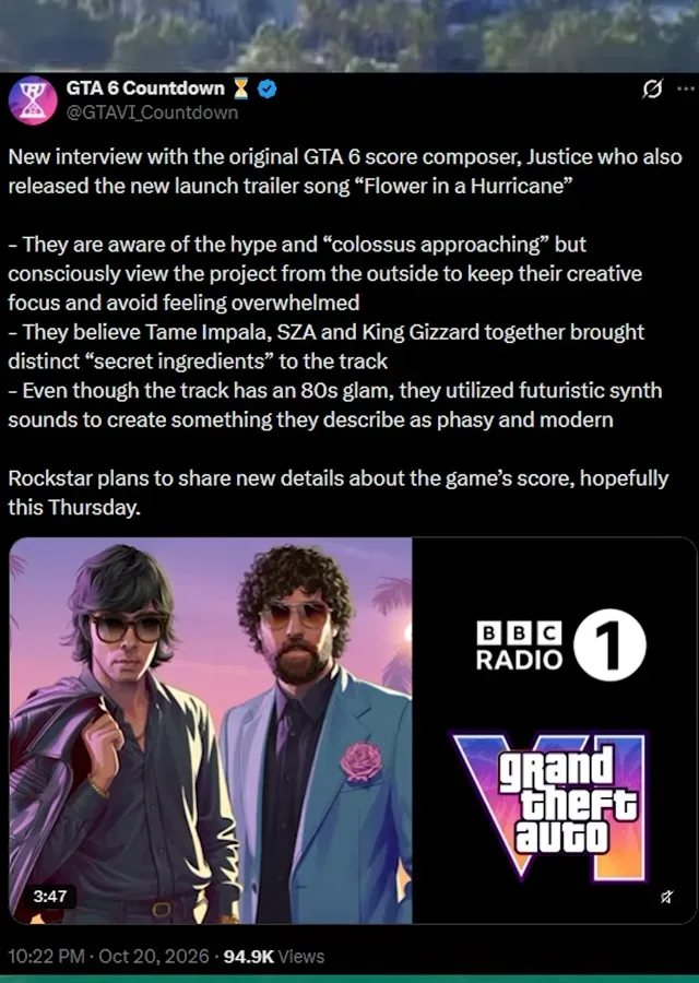 GTA 6 Countdown post on the Justice interview and the trailer song Flower in a Hurricane, with a BBC Radio 1 image of two men in sunglasses