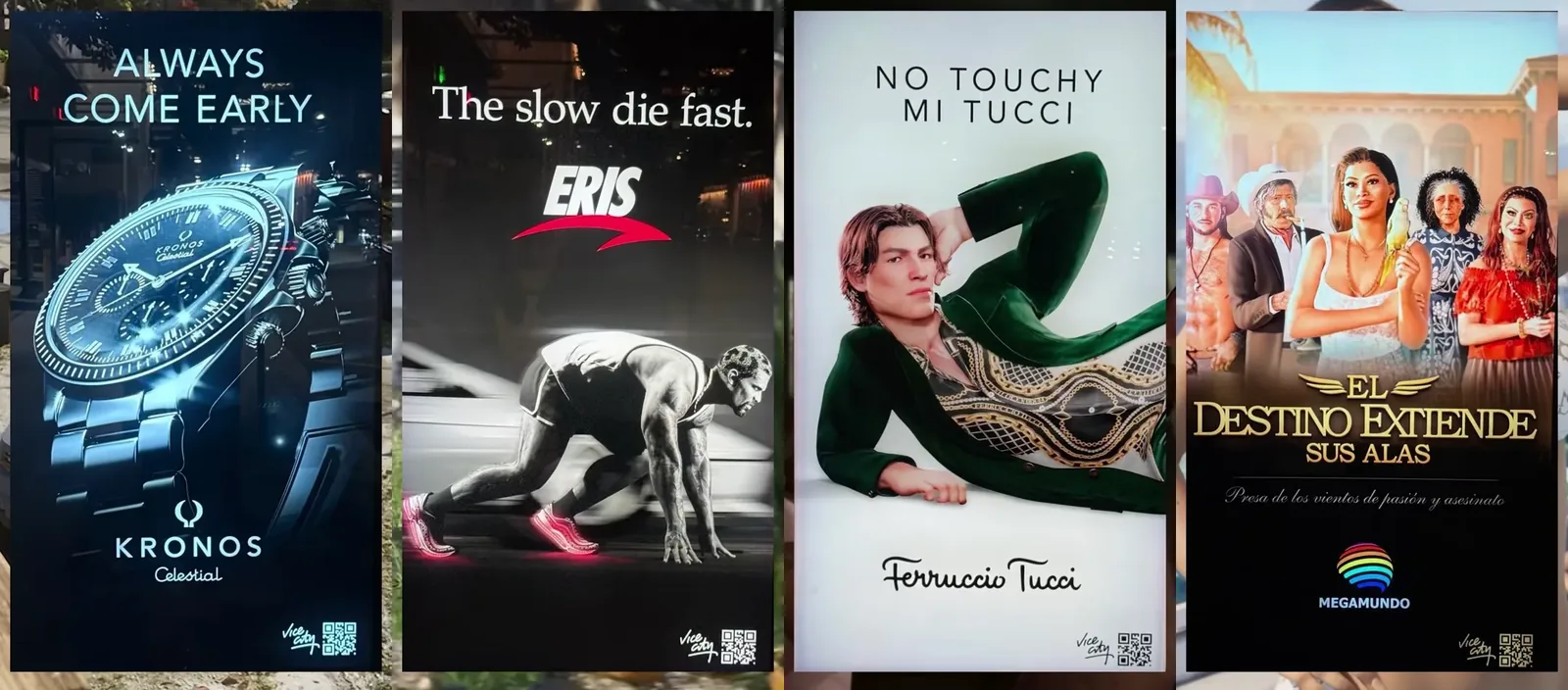 GTA 6 Miami posters side by side: Kronos Celestial watch, Eris The slow die fast, Ferruccio Tucci No touchy mi Tucci, and Megamundo El Destino Extiende Sus Alas