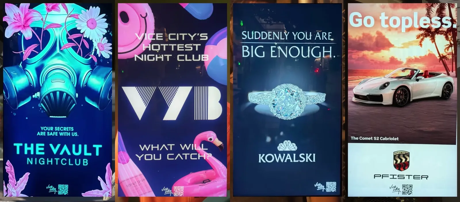 GTA 6 Miami posters side by side: The Vault Nightclub gas mask, VYB Vice City’s hottest night club, Kowalski diamond ring, Pfister Go topless