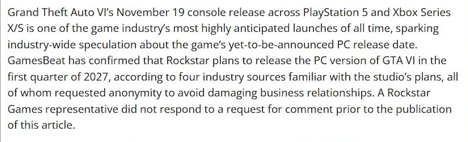 GTA 6 PC report: GamesBeat paragraph on screen: Rockstar plans to release the PC version of GTA VI in the first quarter of 2027, according to four industry sources