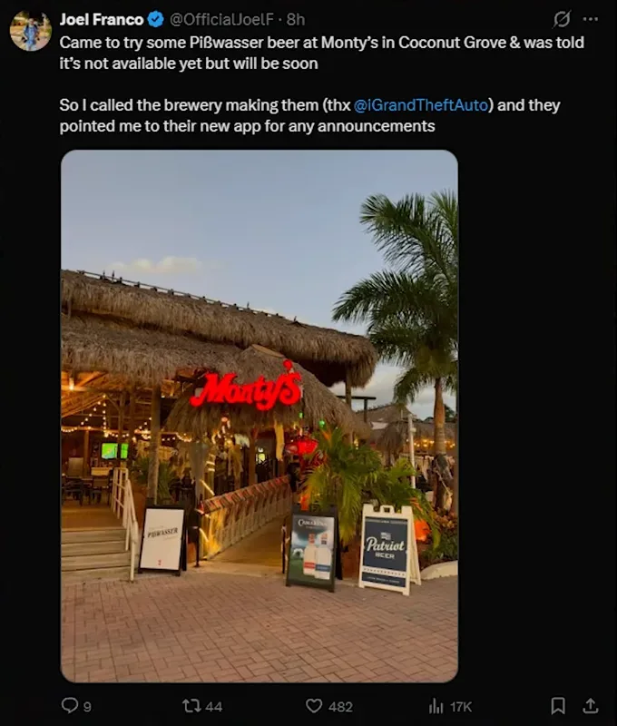 GTA 6 Pißwasser ad: Joel Franco’s post about trying Pißwasser beer at Monty’s in Coconut Grove, with a photo of the restaurant entrance and two beer signs