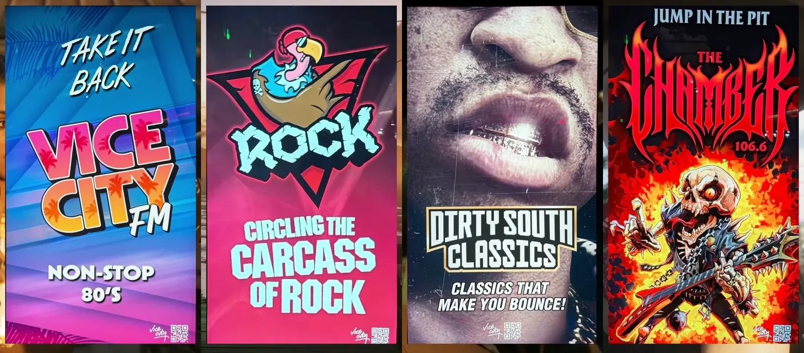 GTA 6 radio posters side by side: Vice City FM Non-Stop 80’s, ROCK Circling the carcass of rock, Dirty South Classics, and The Chamber 106.6