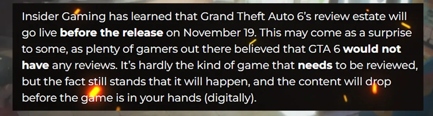 Insider Gaming paragraph on screen saying GTA 6 reviews will go live before the November 19 release, before the game is in your hands digitally