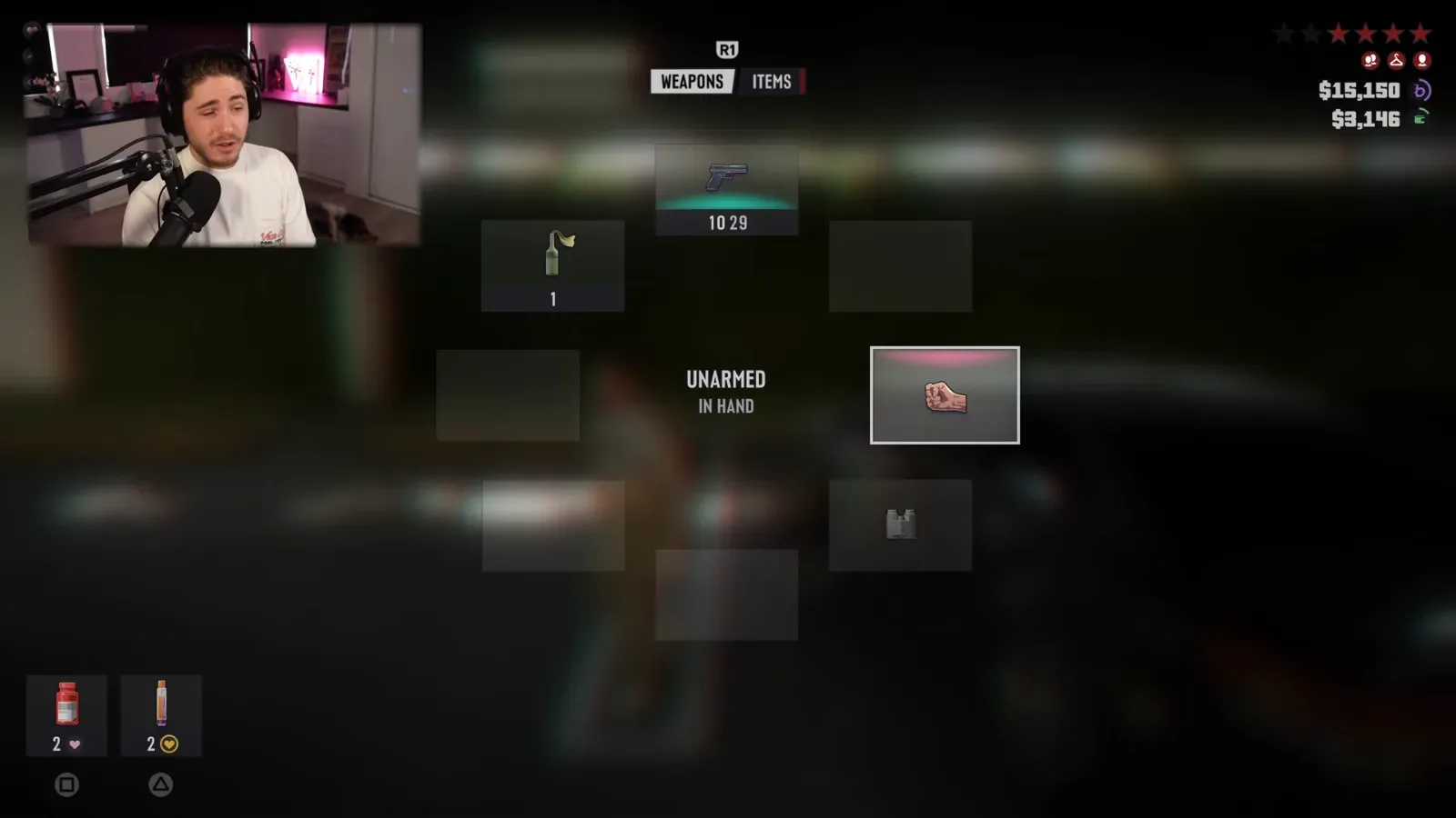 GTA 6 weapon wheel on screen with a pistol, a Molotov cocktail and binoculars, a fist highlighted for Unarmed, and several empty slots