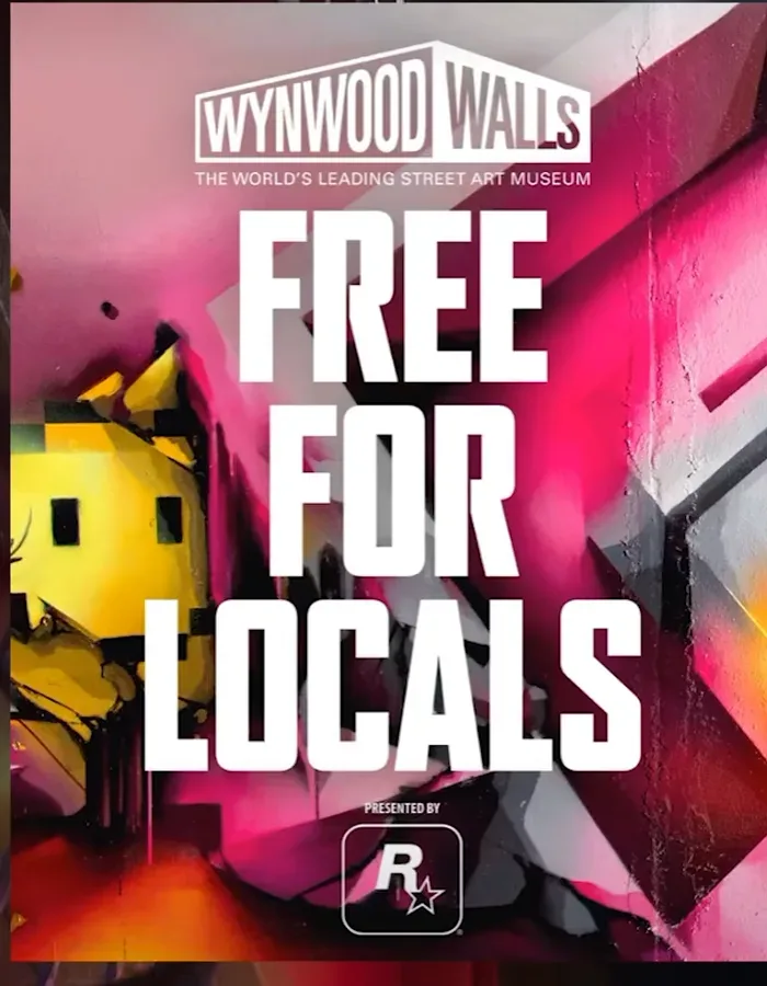 GTA 6 Wynwood Walls poster reading The world’s leading street art museum, Free for locals, presented by Rockstar Games, over pink and yellow graffiti