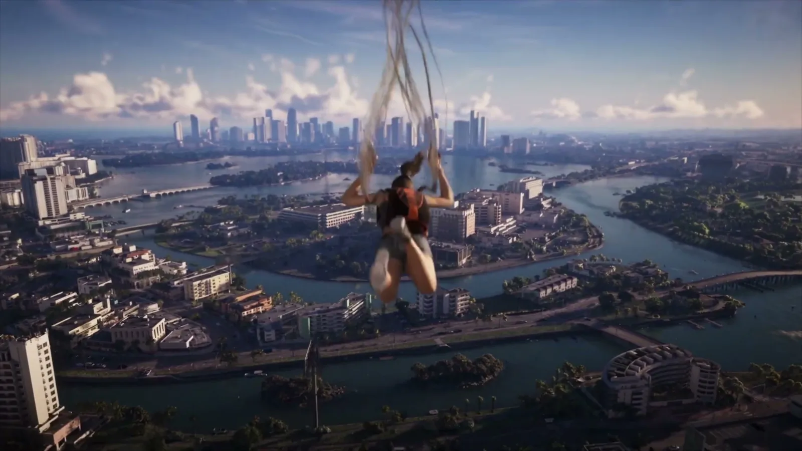 GTA 6 parachuting character descending over Vice City's skyline and waterways in the Extended Look trailer