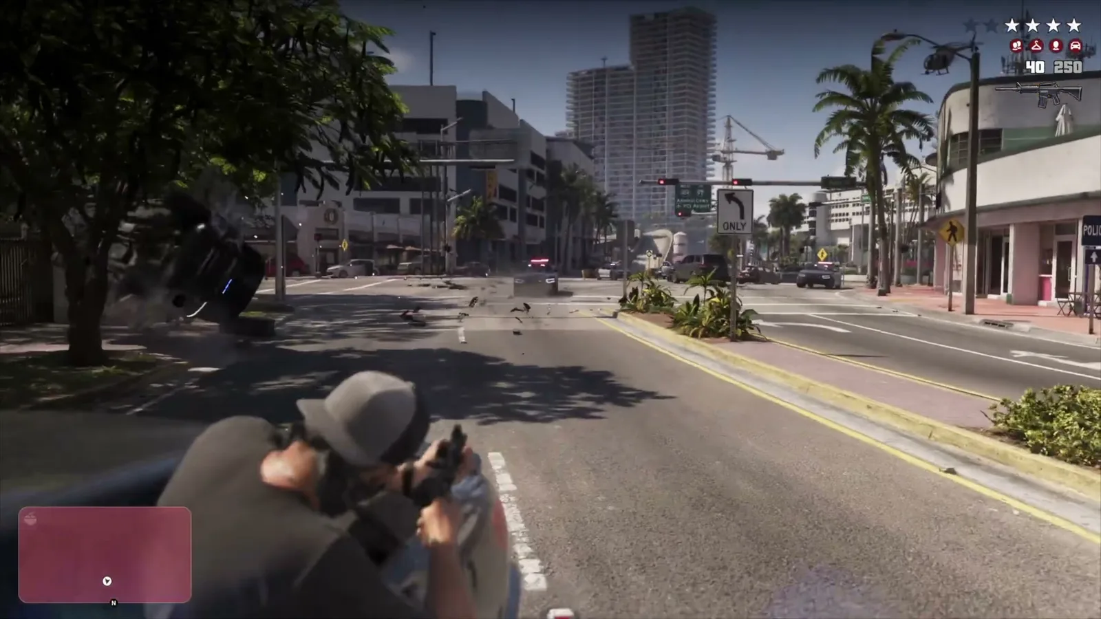 GTA 6 four-star police chase with a flipped patrol car and debris in the Extended Look trailer