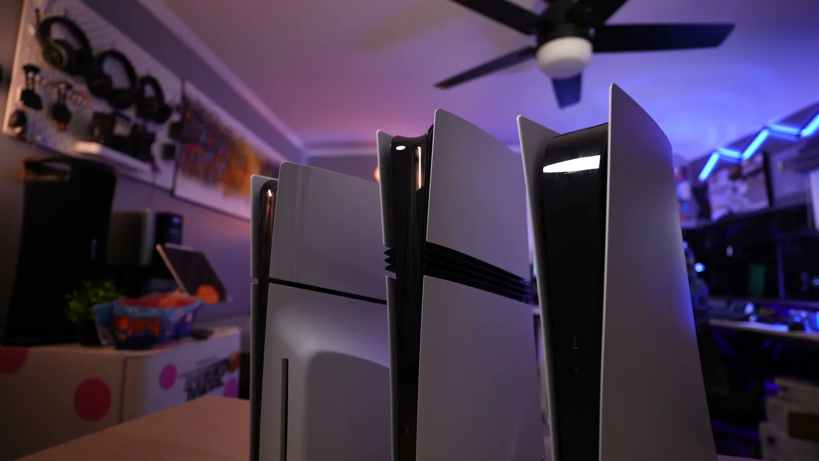 Three PlayStation 5 consoles standing upright in SimplyPops's room, from his GTA 6 PS5 Pro video