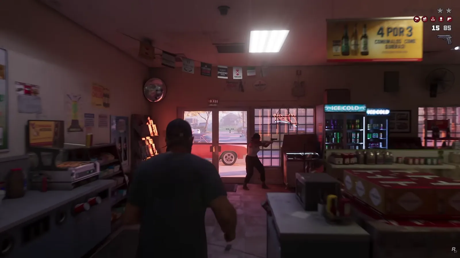 GTA 6 convenience store robbery seen from behind Jason while a second robber aims a pistol near the entrance, with two hollow wanted stars and five red icons on the HUD