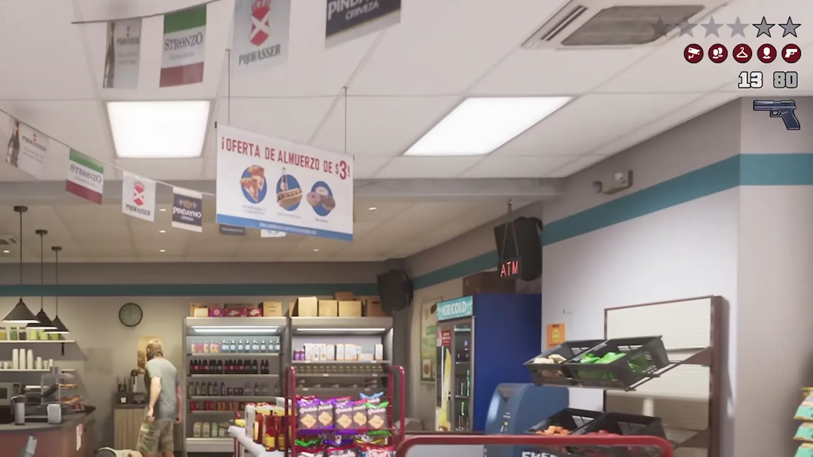 GTA 6 wanted HUD in a convenience store robbery showing four grey stars, two hollow outline stars, and five red icons for camera, couple, clothing, identity and weapon