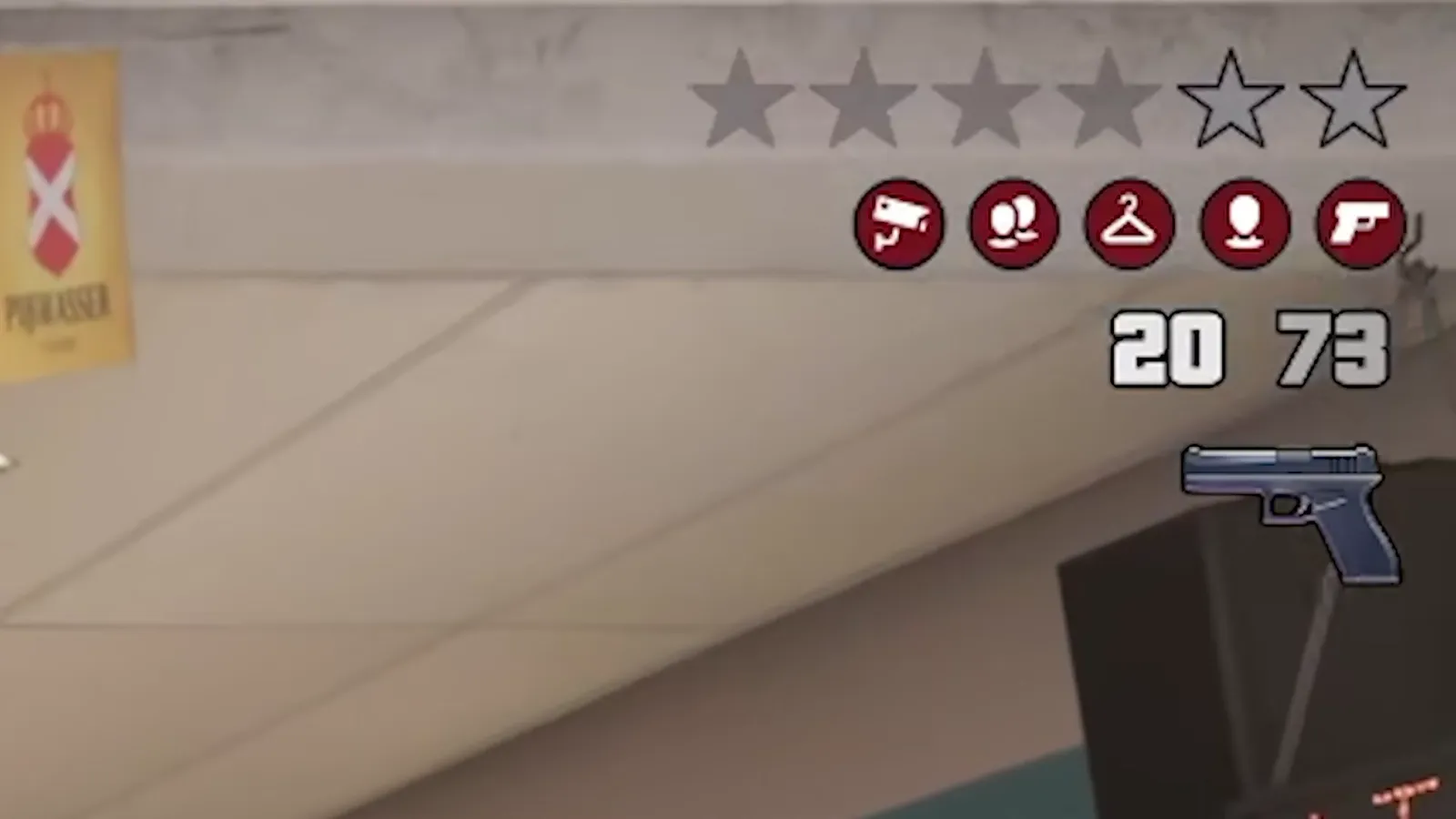 Close-up of the GTA 6 wanted icon row during a store robbery showing camera, couple, clothing, identity and pistol icons next to an ammo count of 20 and 73