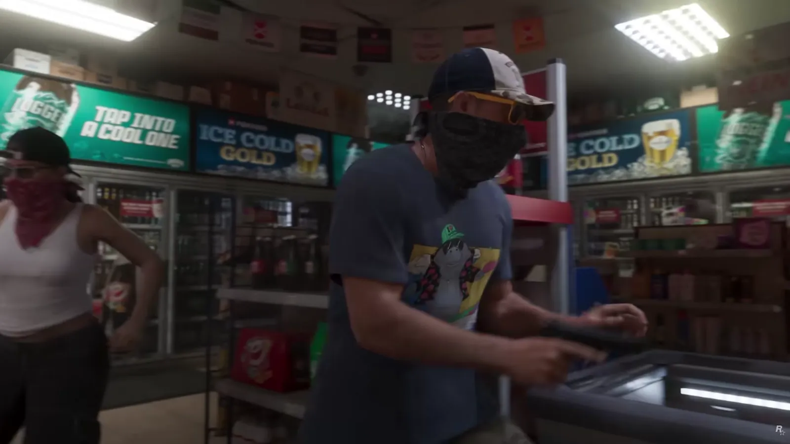Jason and Lucia both wearing red bandana masks over their faces inside a GTA 6 convenience store during a robbery