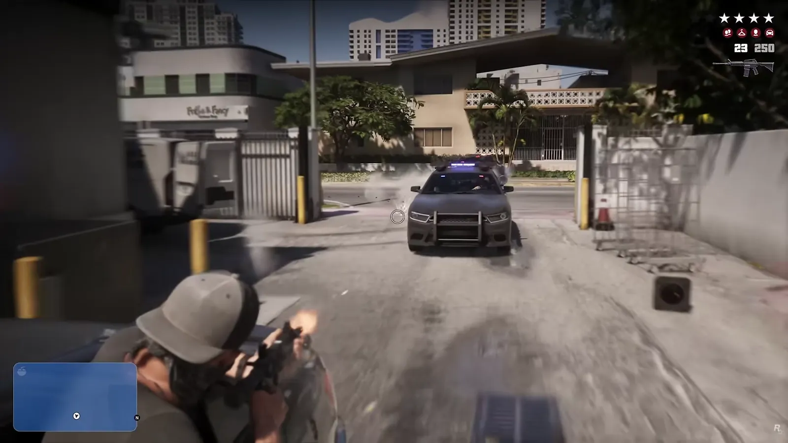 GTA 6 police chase with four filled white wanted stars as Jason fires an assault rifle at a marked police car blocking the street