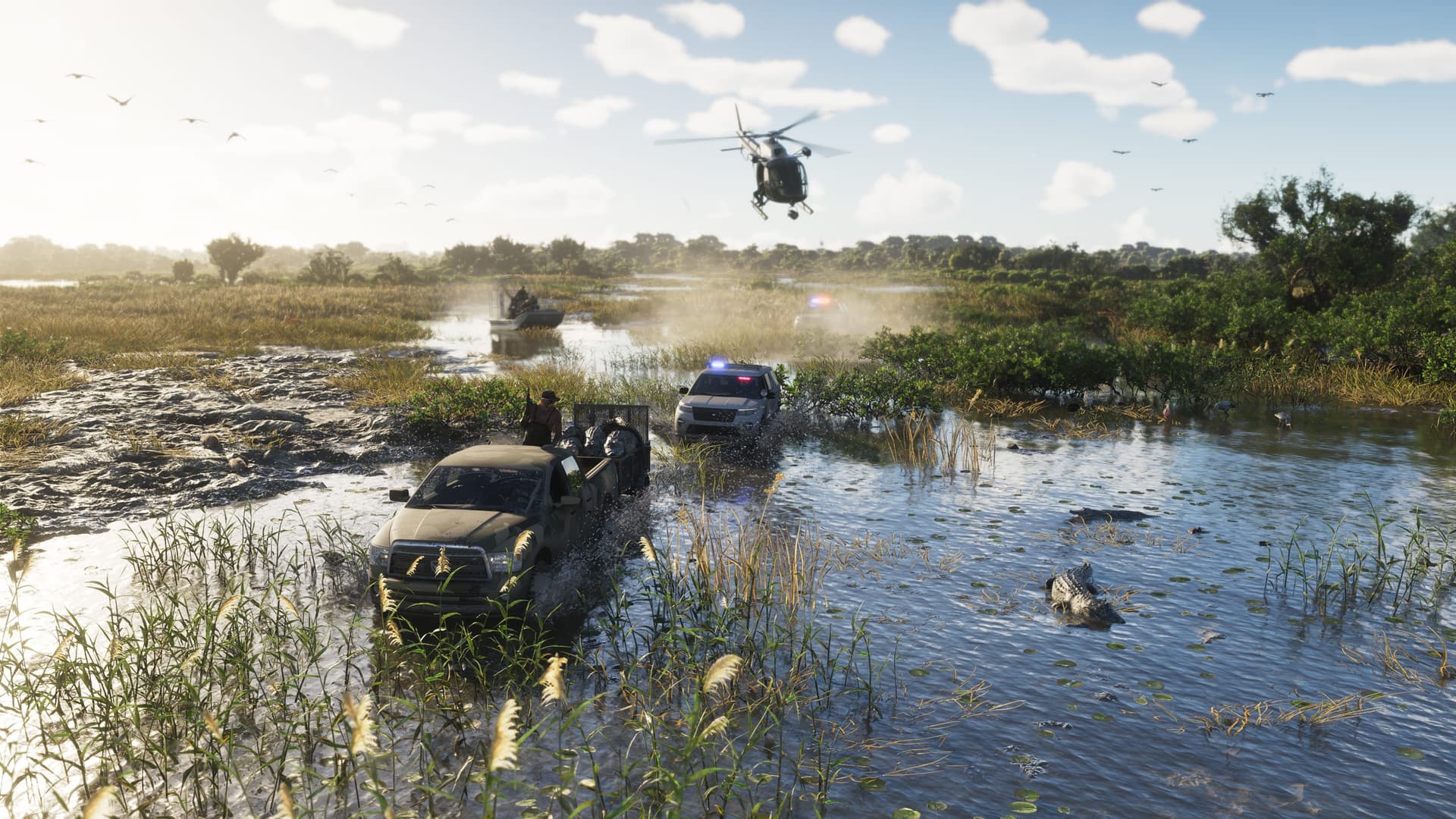 Alligator swimming beside a pickup truck and a police SUV crossing a Grassrivers wetland, with a helicopter overhead in GTA 6