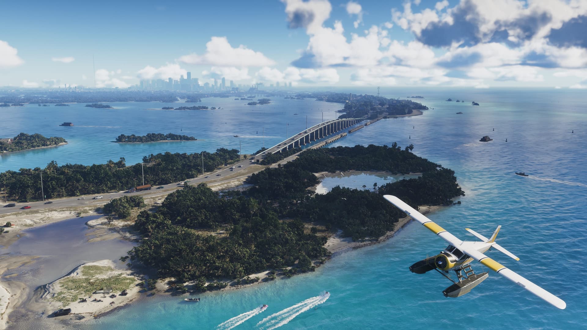 Seaplane flying over small islands and a causeway bridge toward a distant city skyline across turquoise water in an official GTA 6 Leonida Keys screenshot