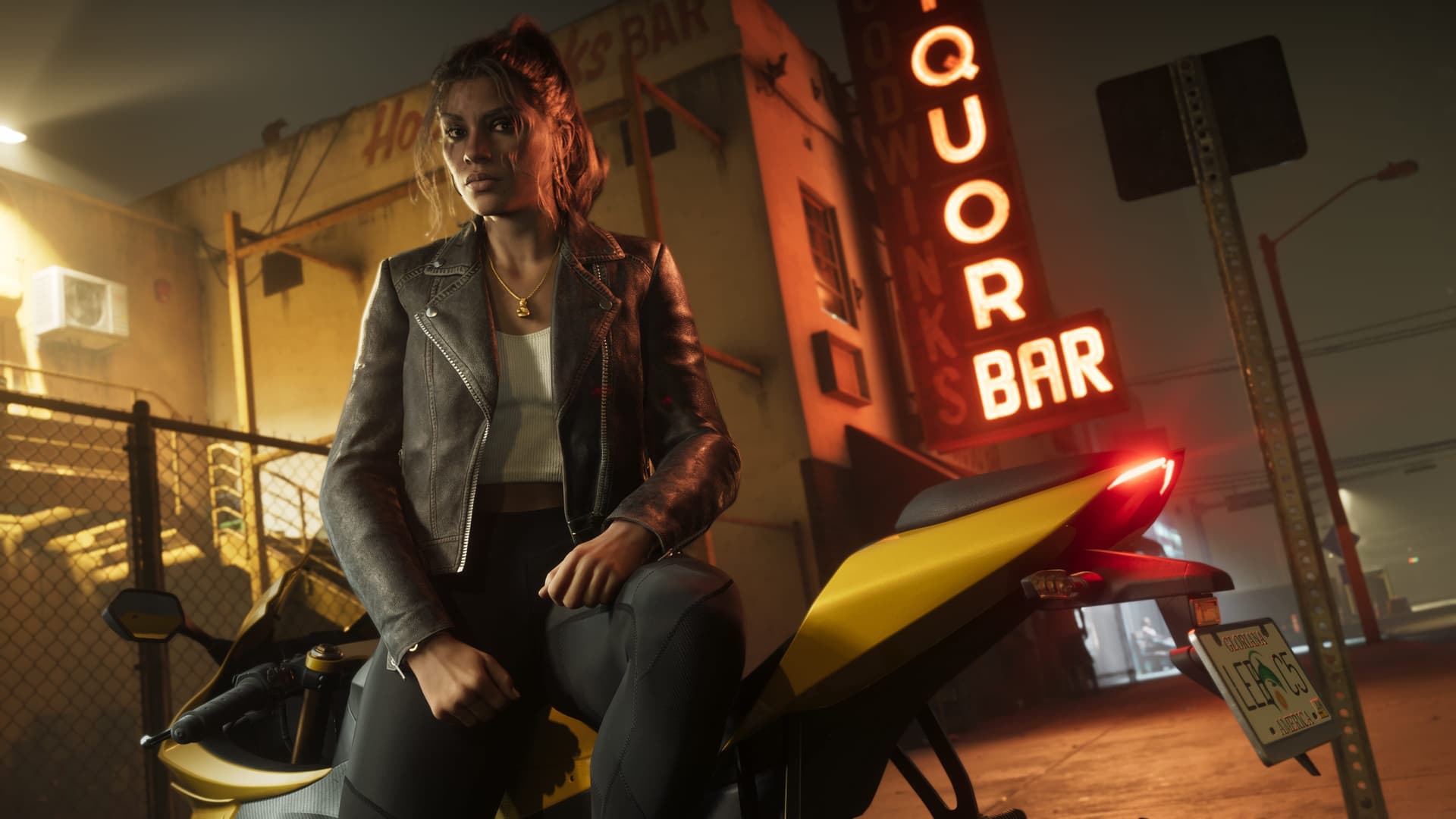 Lucia Caminos sitting on a yellow motorcycle in front of a neon bar sign at night in an official GTA 6 screenshot