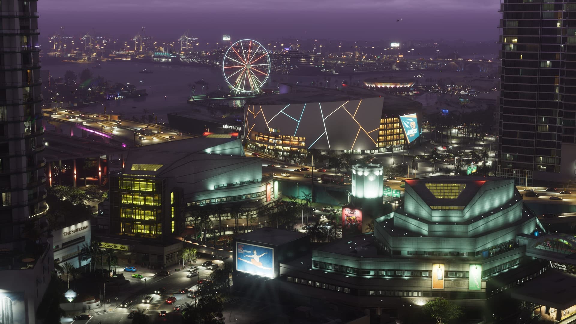 Vice City at night with a lit Ferris wheel, glowing towers and a harbor in an official GTA 6 screenshot