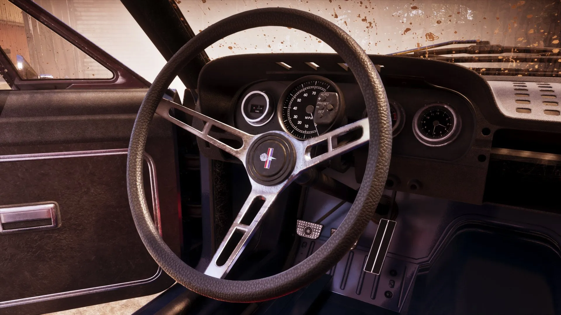 Interior view of the '67 Vapid Dominator Buggy showing its steering wheel and dashboard in GTA 6