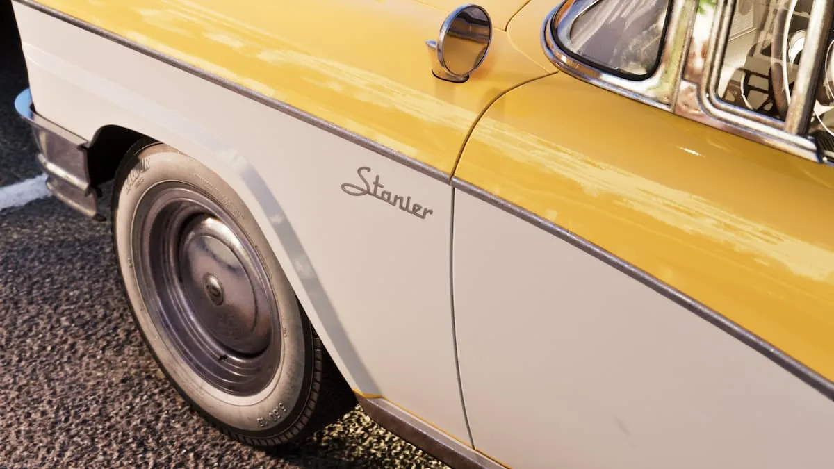 Close-up screenshot of the ’55 Vapid Stanier’s front door and chrome wheel in GTA 6.